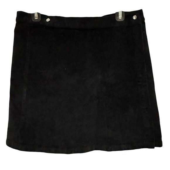 Black Corduroy Wrap Mini Skirt Charlotte Sz Large Crystal Button Stretch $82 NEW - Picture 1 of 6